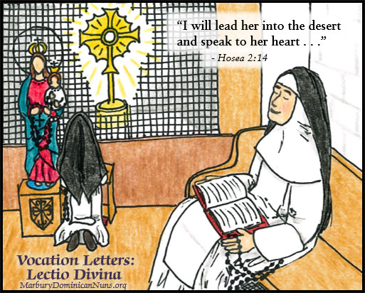 Cartoon of Dominican nun praying with Scripture (lectio divina), in the chapel with the Blessed Sacrament and statue of Our Lady.